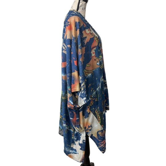 Calessa Womens Kimono Cardigan Burnout Blue Orange Artsy Open Front Size 3X - Picture 2 of 7